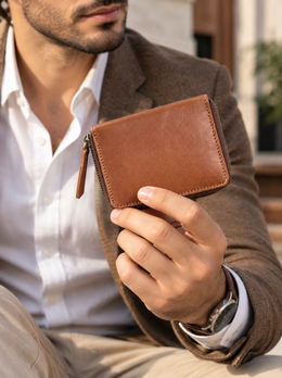 Cabrini Caden Tan Compact Zip-Around Card Wallet