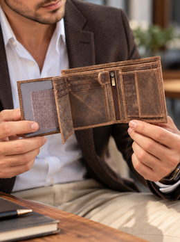 Cabrini Alderstone Weathered Brown Bifold Wallet with Zip Divider