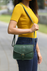 Handcrafted Green Leather Crossbody Bag for Women – Vintage Satchel with Multiple Compartments