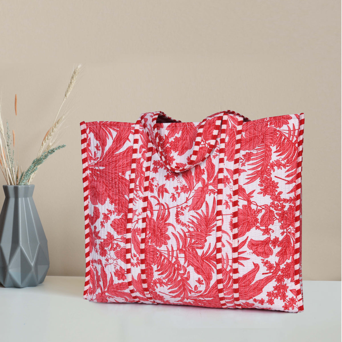 Quilted Cotton  Tote Bags - Red  Floral