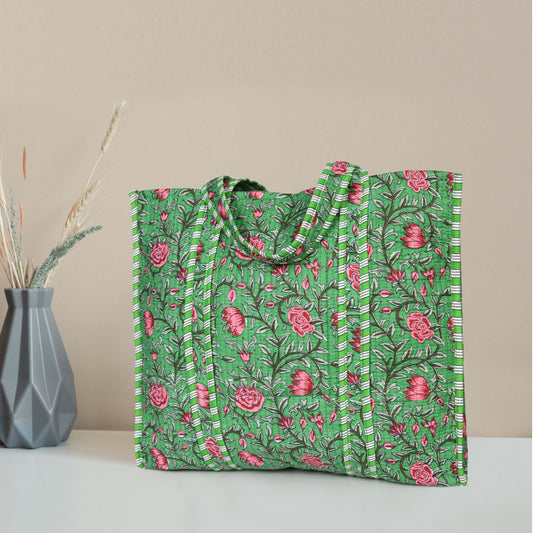 Quilted Cotton  Tote Bags - Green Floral