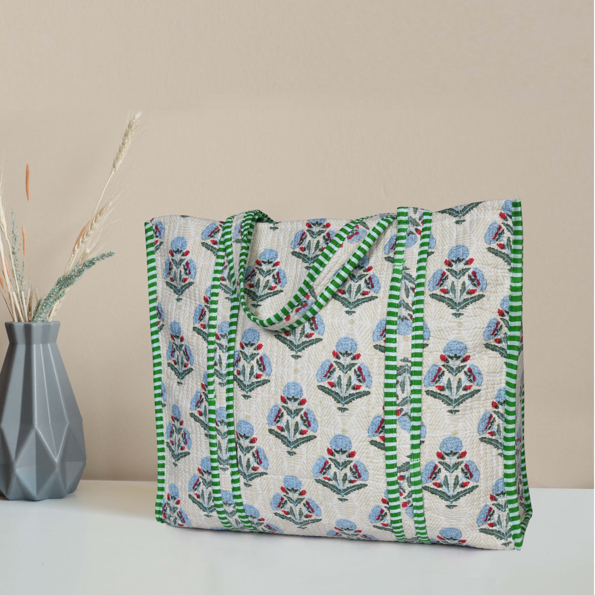 Quilted Cotton  Tote Bags - Green Floral