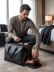 ELORA – Premium Black Leather Travel Duffle Bag