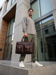 TSI Premium Genuine Leather Briefcase for Men | Vintage Dark Brown Office & Business Bag with Double Front Pockets, Top Handles & Shoulder Strap