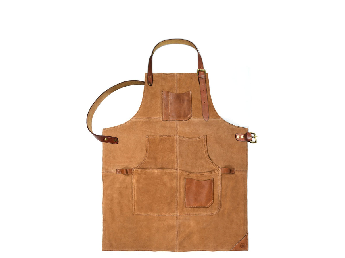 Custom Apron with Leather Strap - Brown Suede