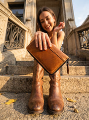 Classic Tan Leather Zip - Around Ladies Clutch - Cabrini - Elegance Perfected