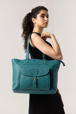 Elegant Teal Tote Bag with Front Buckle Pocket – Premium Textured Finish - Cabrini - Elegance Perfected