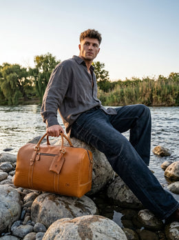 Full Grain Leather Weekender Bag – Sulfur Tan - Cabrini - Elegance Perfected