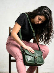 Handcrafted Green Leather Crossbody Bag for Women - Multiple Compartments - Cabrini - Elegance Perfected