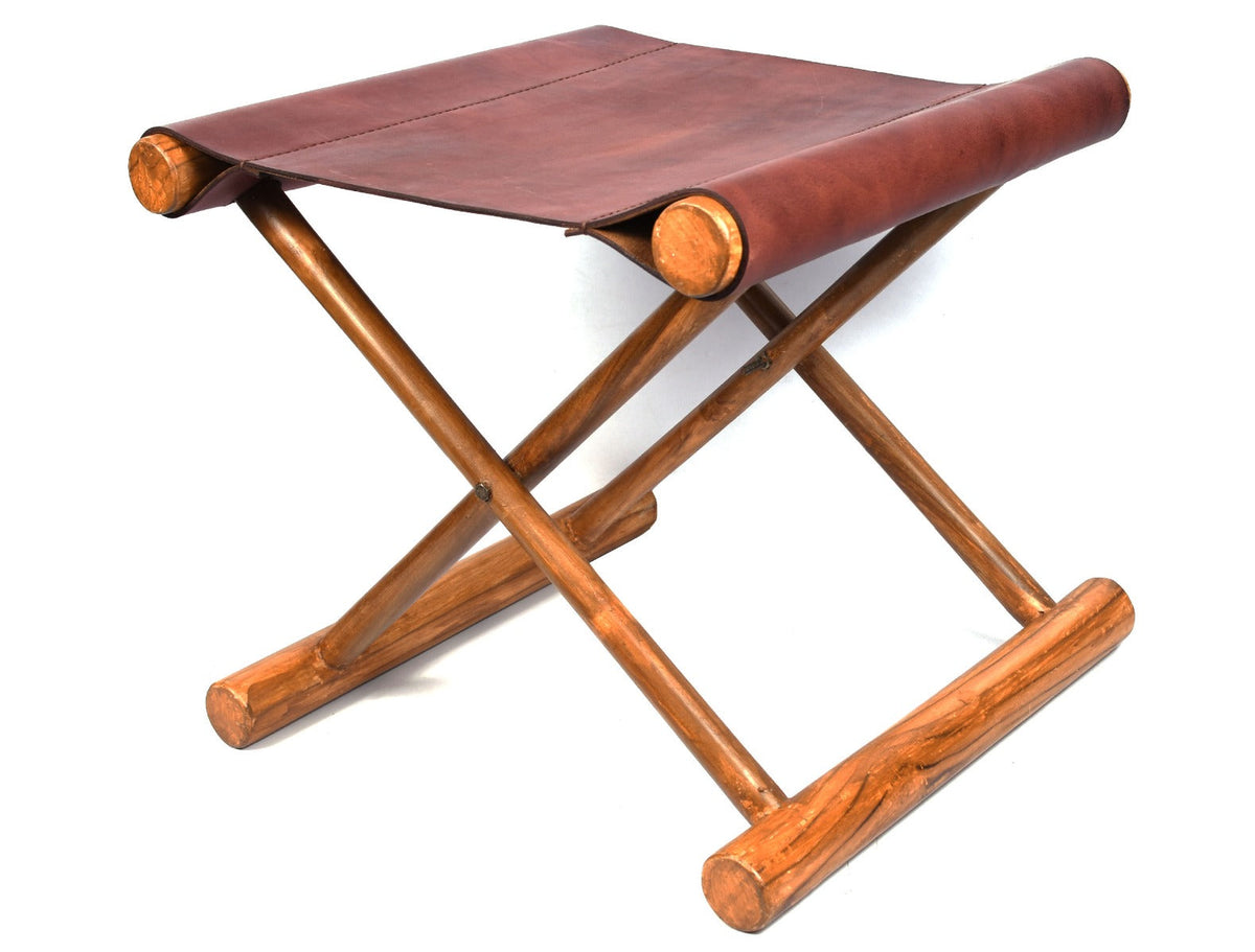 Miami Teak Wood Stool - Walnut Brown Leather