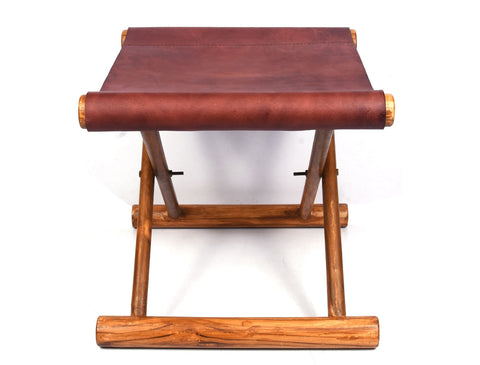 Miami Teak Wood Stool - Walnut Brown Leather