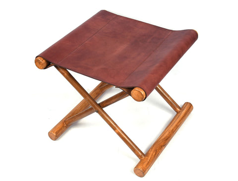 Miami Teak Wood Stool - Walnut Brown Leather