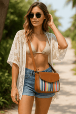 Mexico Saddle Crossbody – Tan Jacquard & Leather Blend - Cabrini - Elegance Perfected