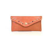 Tan Genuine Leather Studded Clutch – Envelope Snap Wallet Purse - Cabrini - Elegance Perfected
