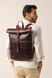 Vintage Roll - Top Leather Backpack in Rich Mahogany – Handmade Full - Grain Leather Travel & Everyday Bag - Cabrini - Elegance Perfected